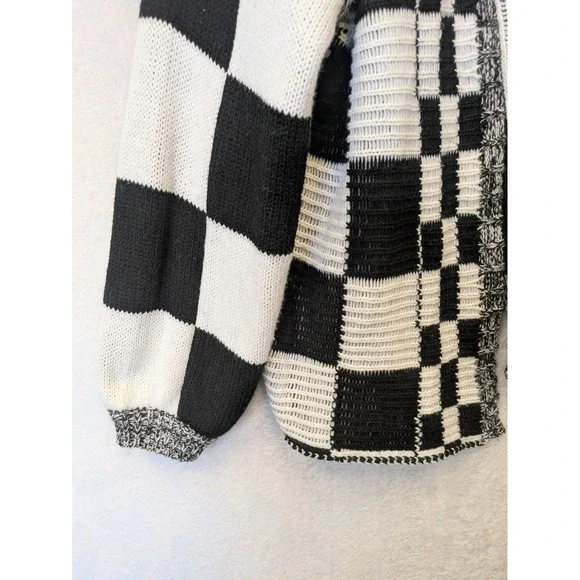 BTFBM Womens Black White Checkerboard ColorblockCardigan Sweater S - Picture 2 of 10